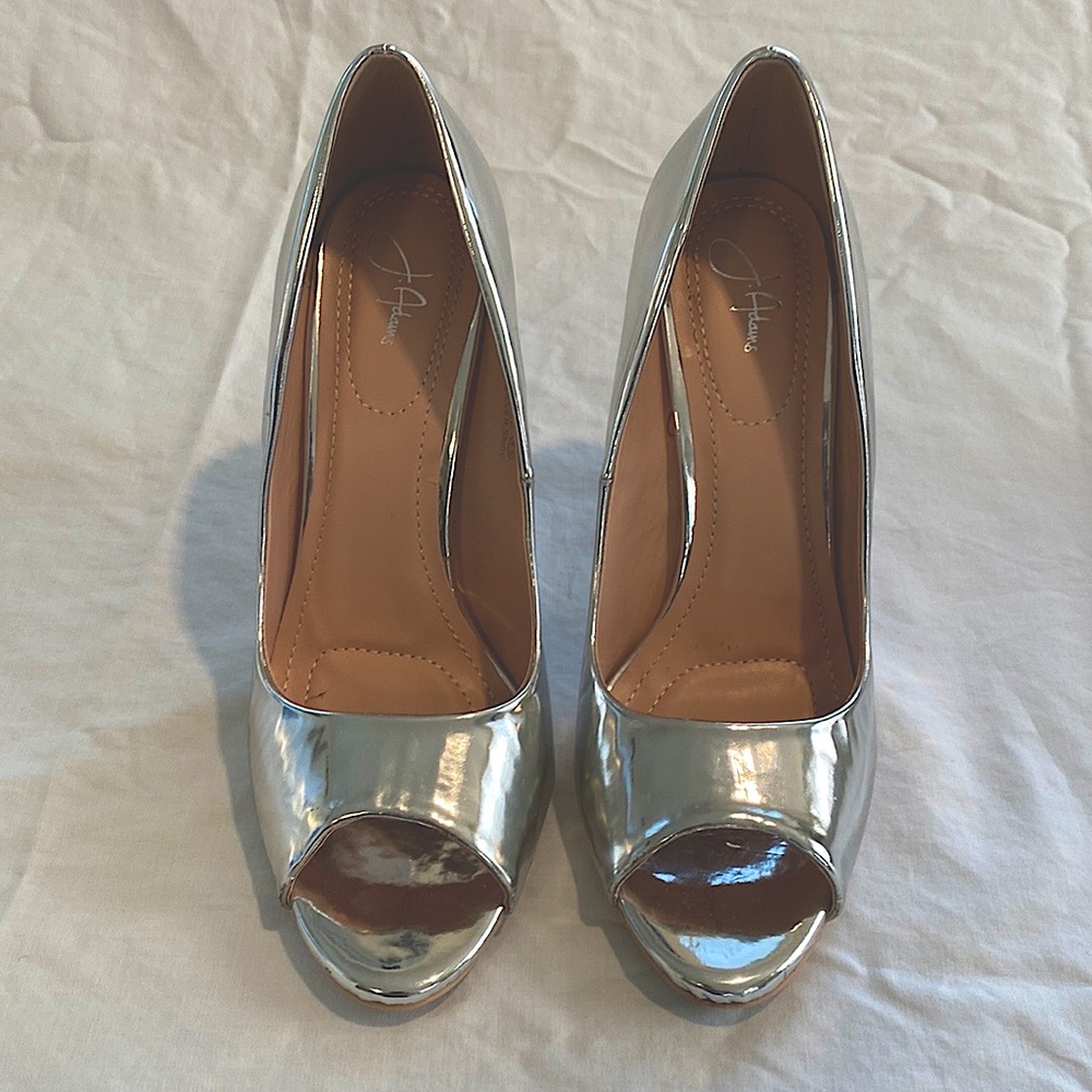 Women’s J Adams high heel open toe silver shoe